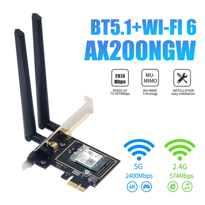 

3000Mbps WiFi 6 Intel AX200 PCIe Wireless Network Adapter Dual Band 2.4G/5Ghz 802.11AX/AC Bluetooth 5.1 For Pc Desktop Windows10