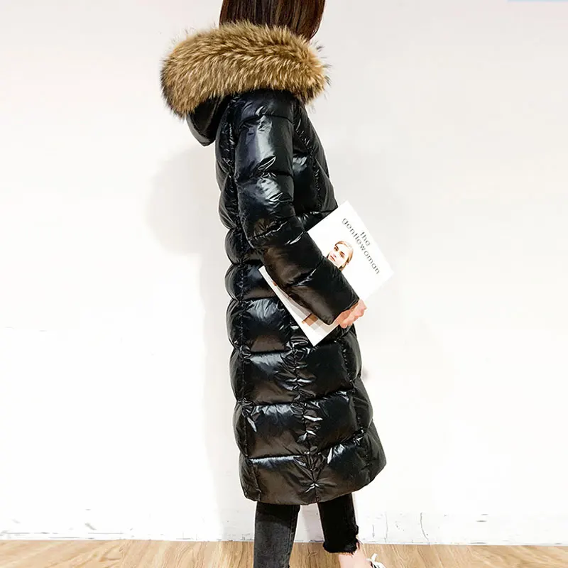 Yellow fur collar Новинка, зимний женский пуховик, большой размер 6XL, зимняя женская куртка, длинная, с капюшоном, большой меховой воротник, тонкая парка, женские куртки 240 - Цвет: Yellow fur collar