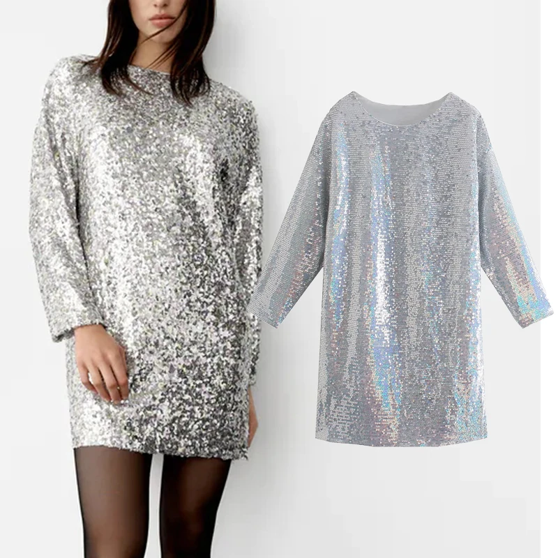 

Женское мини-платье с блестками ZA, повседневное элегантное ТРАПЕЦИЕВИДНОЕ ПЛАТЬЕ с круглым вырезом и длинным рукавом, с высокой талией, вес...