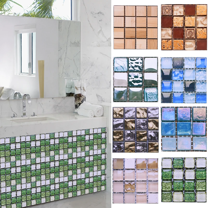 

10Pcs/lot 10x10cm Mosaic Self Adhesive Tile Backsplash Wall Sticker Vinyl Bathroom Kitchen Home Decor DIY Waterproof PVC Tiles