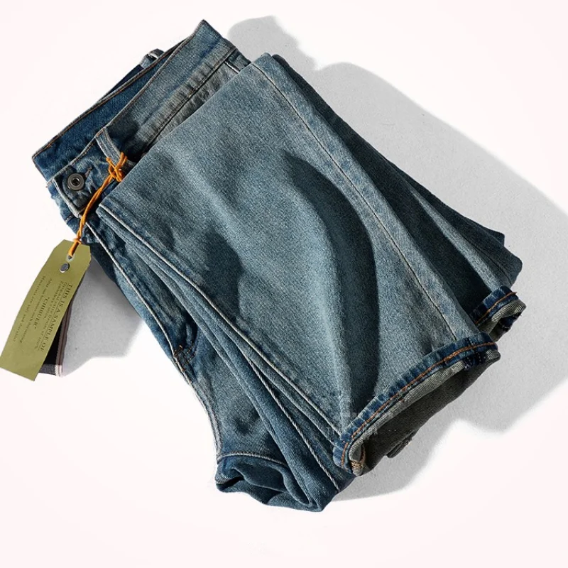 Autumn and Winter Thick Stretch Jeans Men 's Cloth Patch Nostalgic Straight -Leg Denim Trousers