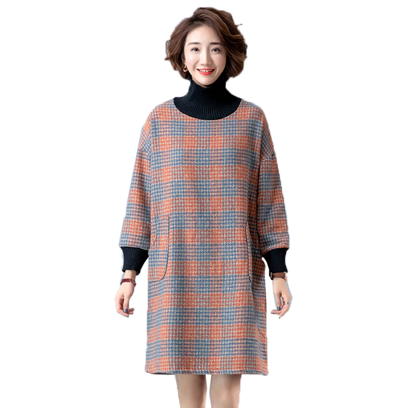 

Women's Dress Autumn Winter High-neck Knitted Ladies Dress Korean Style Mid-Long Loose Elegant Lattice Dress External Wear W57
