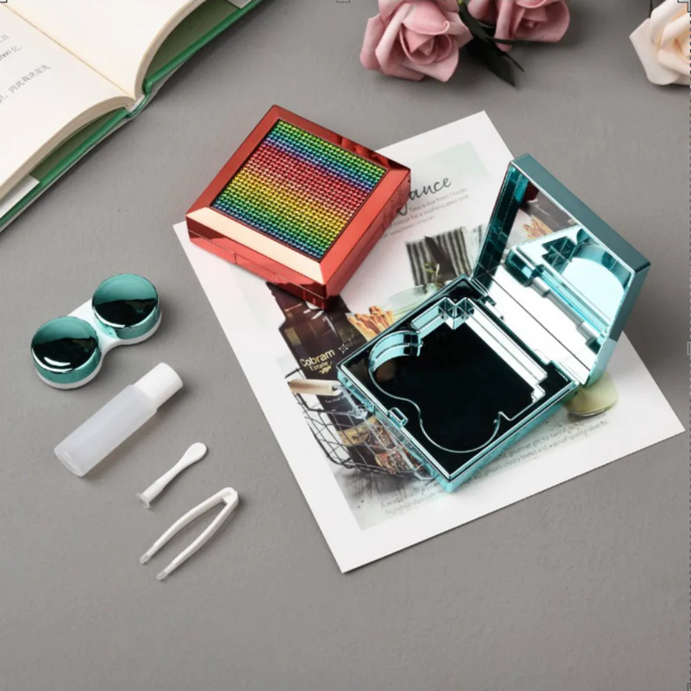 

New Fashion Diamond Contact Lens Case Personality With Make Up Mirror Women Companion Box Portable Travel Diamond Square Box