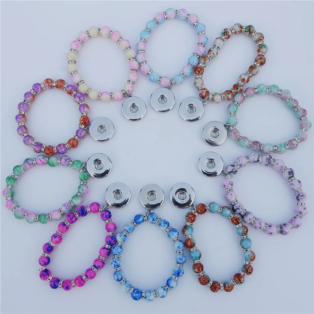 

12 Pieces Mix Colors Children Girls 15cm Length Bracelet Glass Beads Rhinestone Spacer 18mm Snap Buttons Socket Kids Jewelry