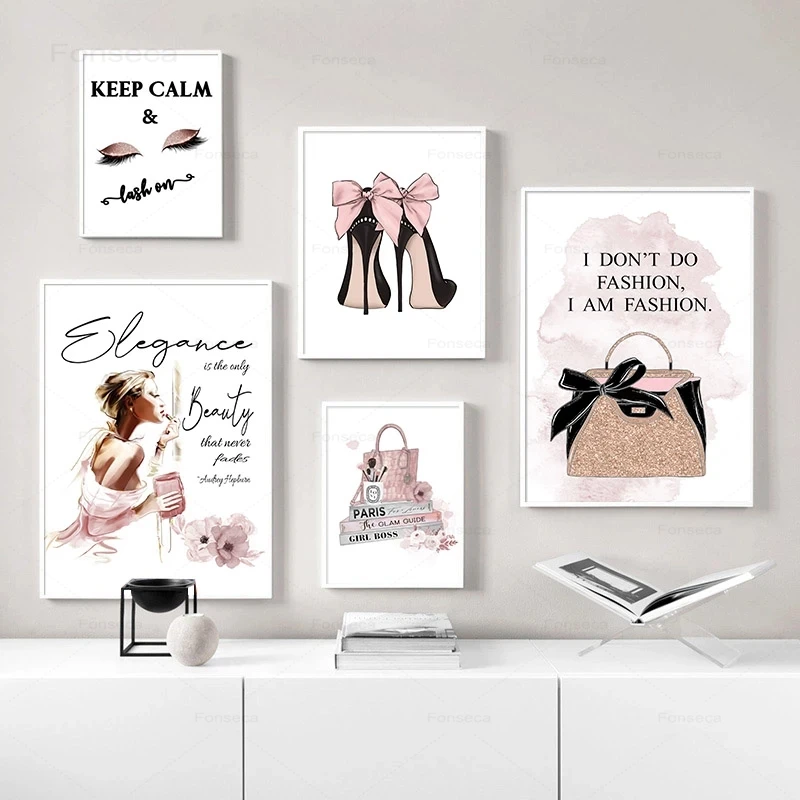 

Fashion Art Poster Pink Luxury High Heels Bag Canvas Print Wall Painting Beauty Salon Girls Room Decoration Creative Picture