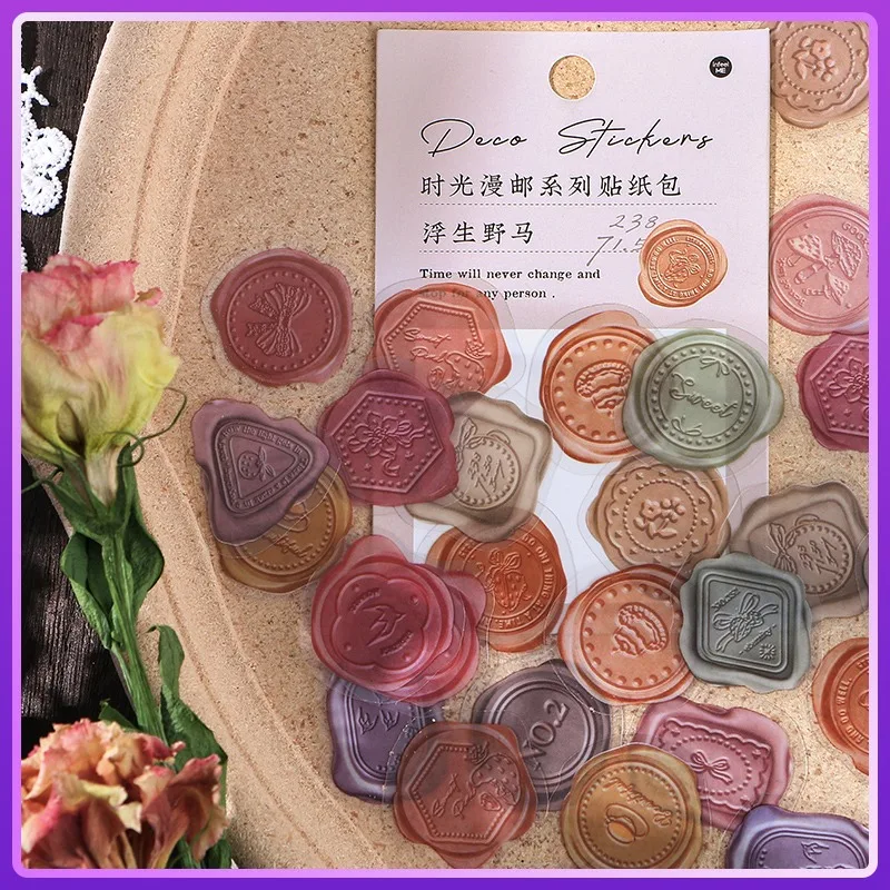 

Color postmark PET sticker bag, creative retro fire paint hand account collage decoration material, sealing sticker