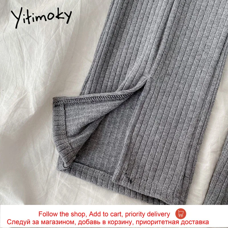 

Yitimoky Knitted Slit Sweatpants High Waist Pants for Women Elastic Wide Leg Pants Pleated Gray Loose Casual Summer 2021 New