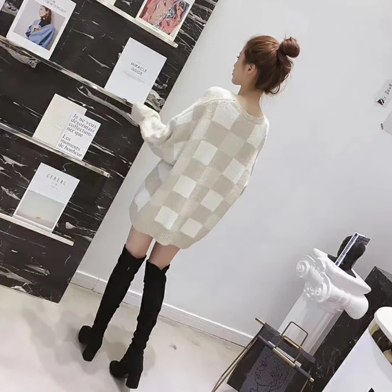 

Women Harajuku Loose Stitching O-Neck Plaid Cotton Knitted SweaterLong Pullover Pull Sweaters Femme Hot
