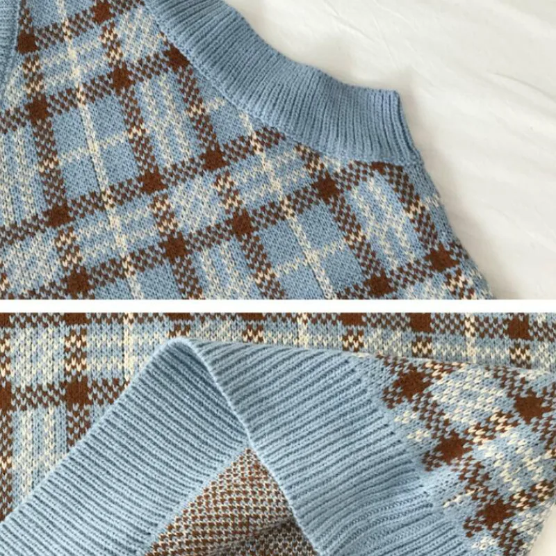 

Vest Women V-neck Sleeveless Sweaters Plaid Vintage Harajuku Stylish Street-wear Students Korean-style Loose Casual Fashion Chic