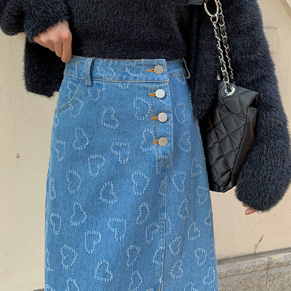 

Vintage Love Graphic Denim Skirt Women 2021 Summer High Waist Split A-line Long Skirts Woman Korean Style Casual Faldas Mujer