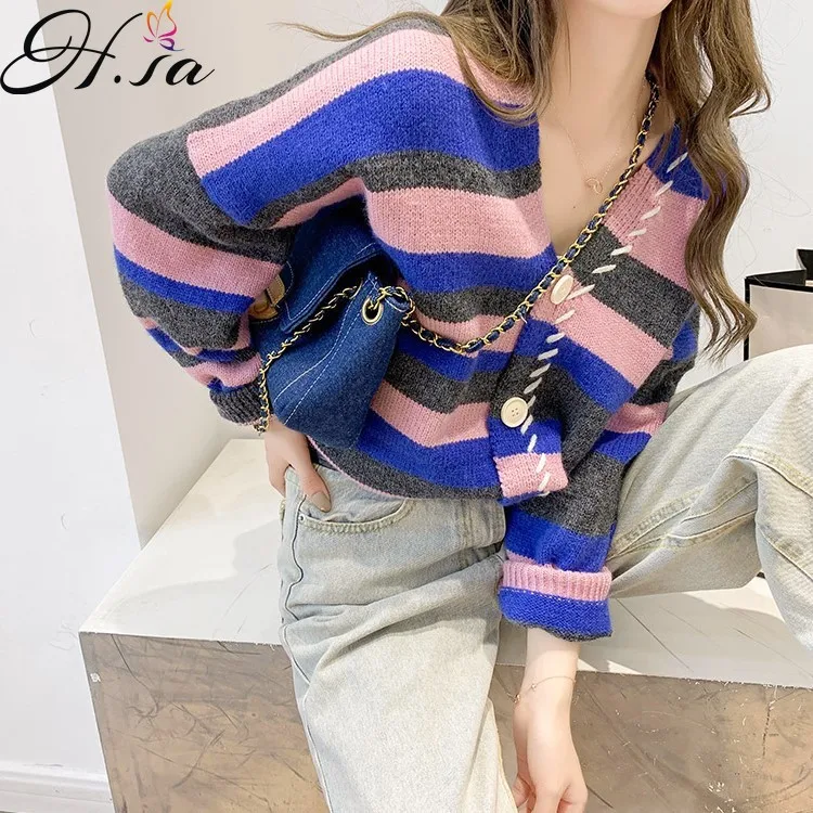 

Hsa полосатый свитер кардиган 2021 Осень Новый корейский стиль свободная верхняя одежда полосатый Повседневный вязаный синий топ свитер верхн...
