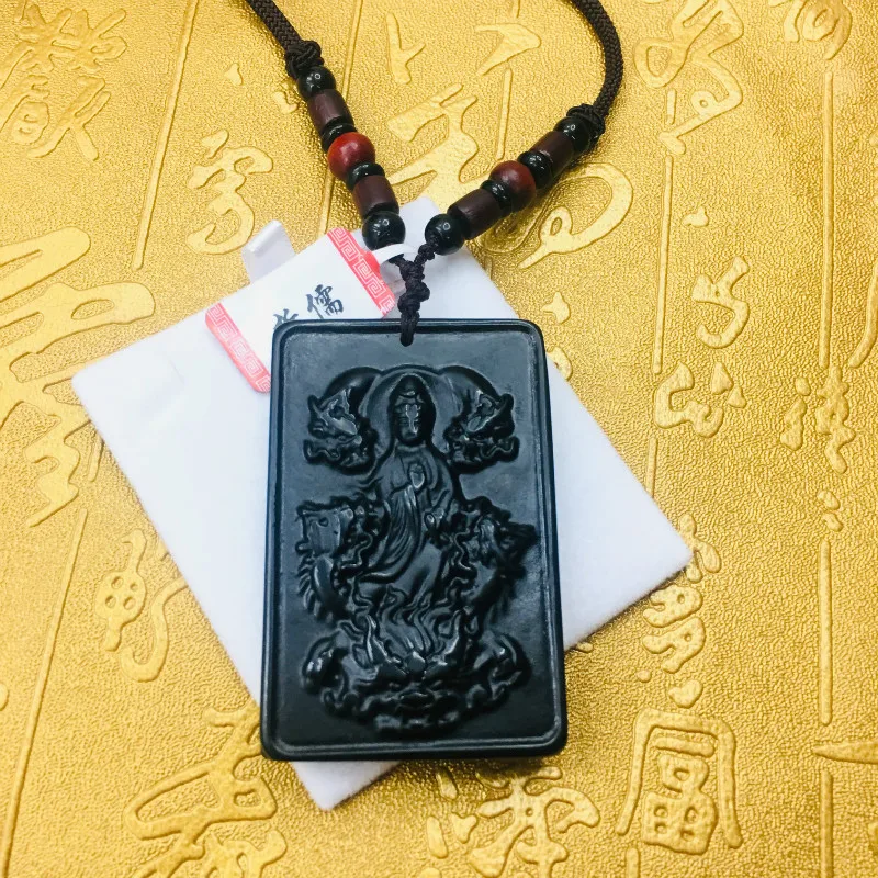 

Send A-level certificate Natural black jade carved dragon Guanyin pendant Double-color bead necklace Sweater chain