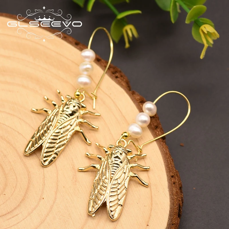Женские серьги подвески ручной работы GLSEEVO вечерние с натуральным белым жемчугом