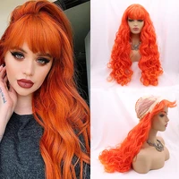 long curly ginger orange red full machine made with bangs wig cosplay water natural wave glueless wigs for women lolita hair