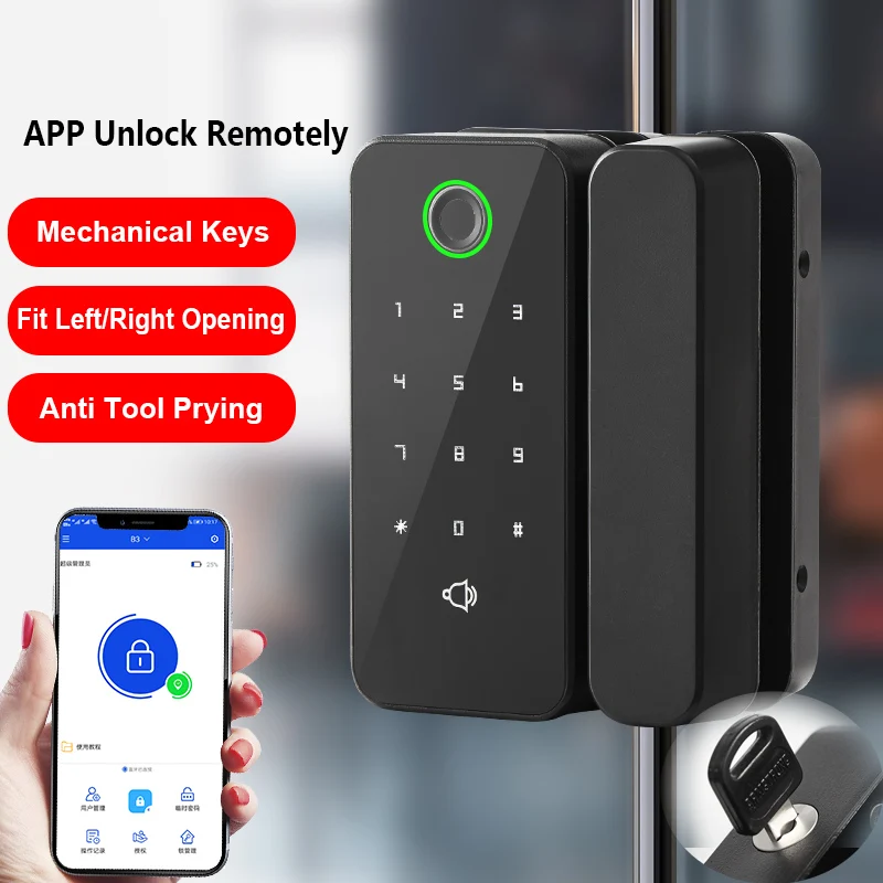 Многоязычный Bluetooth-замок со сканером отпечатков пальцев для стеклянной двери