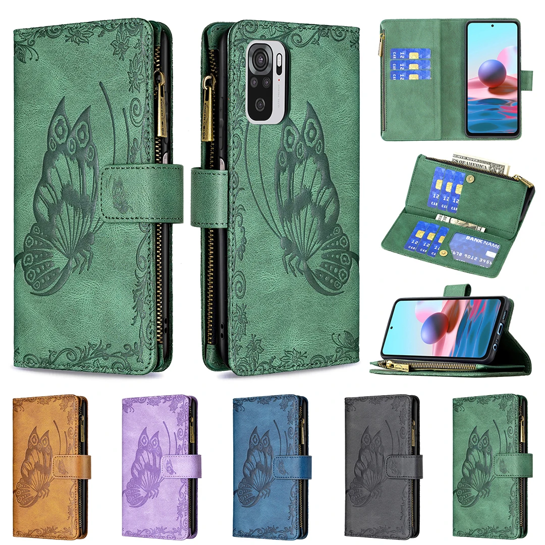 

Redmi Note 10S Zipper Butterfly Wallet Leather Case for Xiaomi Redmi Note 10 Pro Max Note10 Folio Flip Cover Card Slots Holder