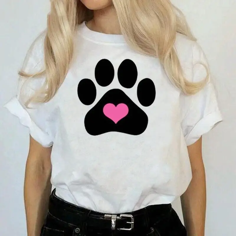 

Футболка женская с забавным принтом лап, топ с коротким рукавом в стиле Харадзюку, хлопковая Повседневная рубашка с принтом сердца, собаки, ...