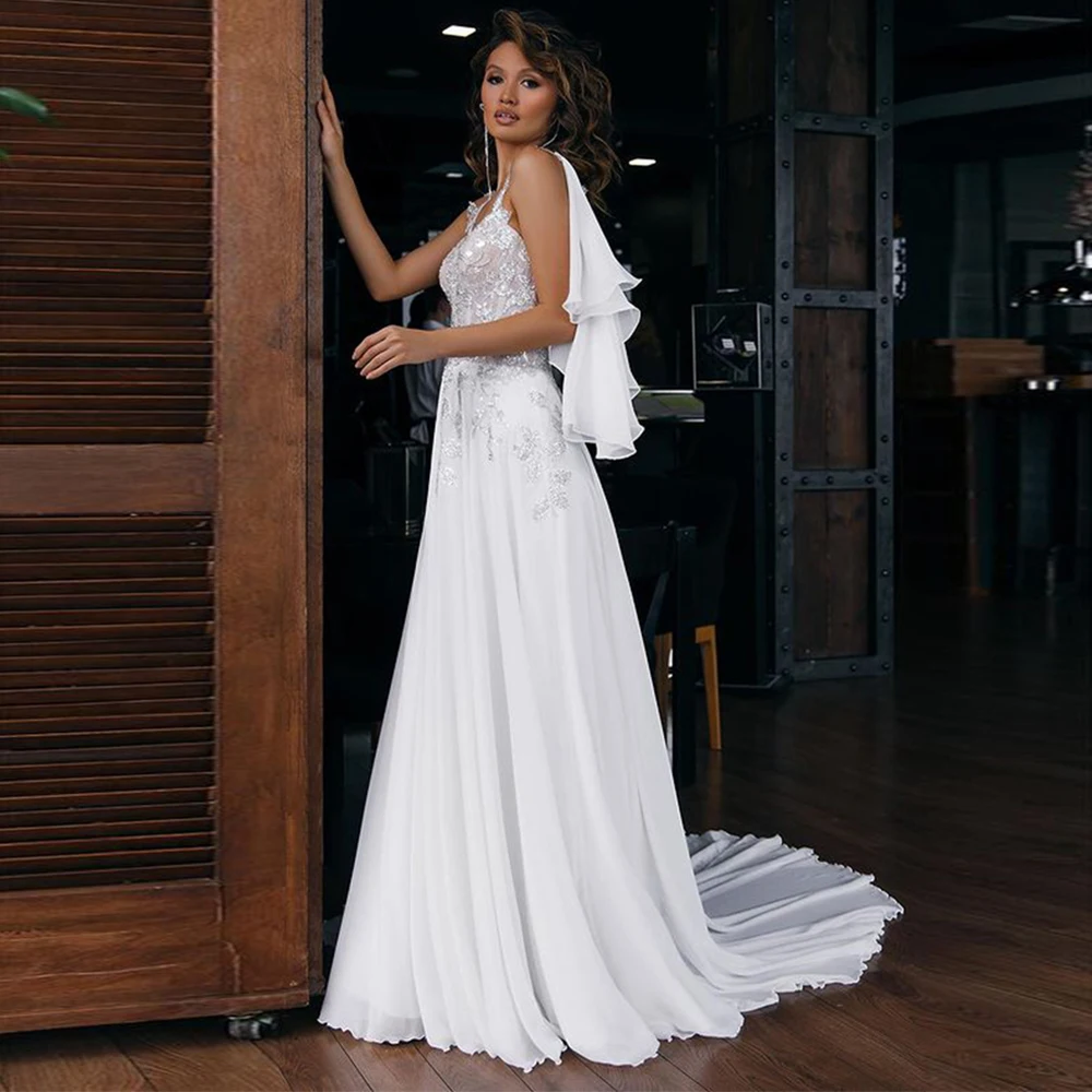 

Fivsole Lace Appliques Boho Wedding Dress Embroidery Lace-up Bride Gown Spaghetti Straps Crystal Bride Dresses Vestido Feminino