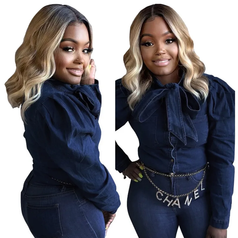 

Women's Casual Dark Blue Elegant Tied Denim Blouse