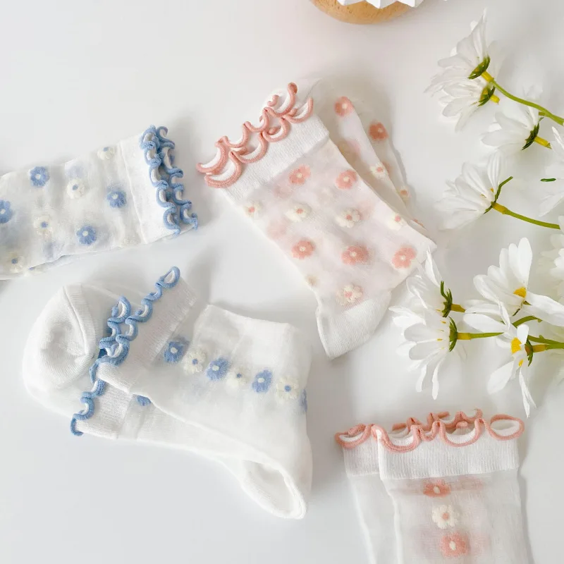 

Ins Trending Women's Socks Tube Thin Glass Fiber Small Flowers Japanese Sweet Transparent Lolita Cotton Nylon Spring And Summer