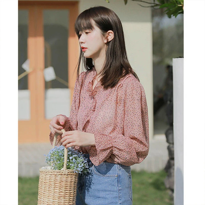 Женские весенне-осенние стильные шифоновые блузки с принтом v-образный вырез