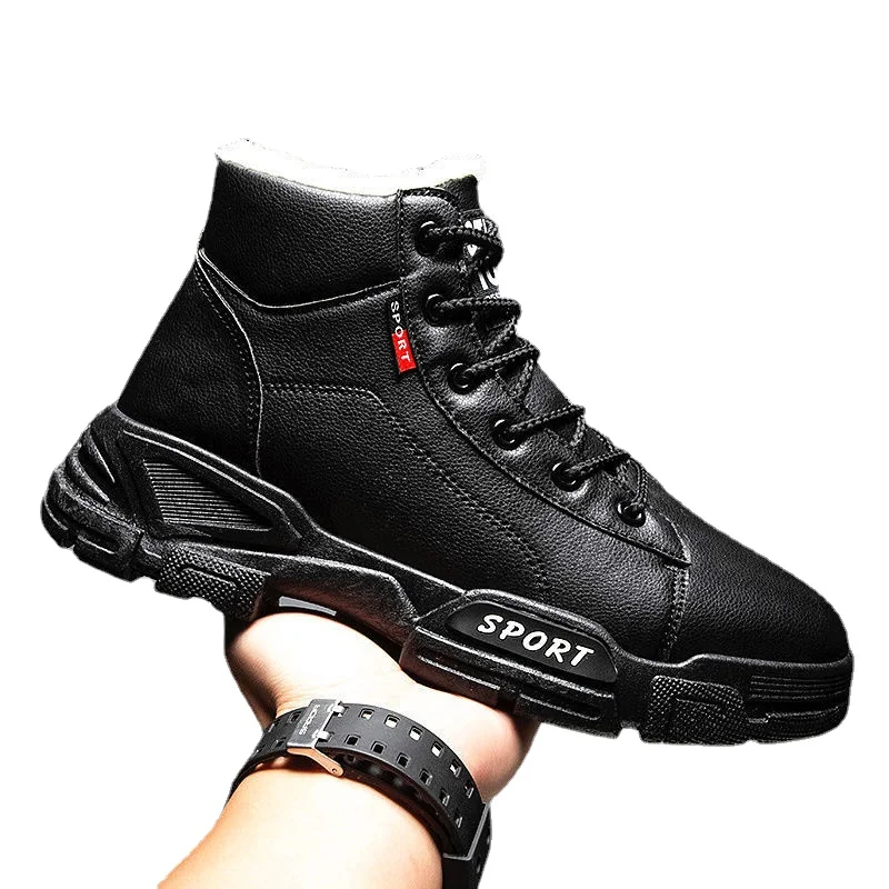 

E53Cotton-padded Shoes Men Winter High Top New Leather Waterproof Non-slip Snow Boots with Fleece and Thick Cargo Warm Shoes Men