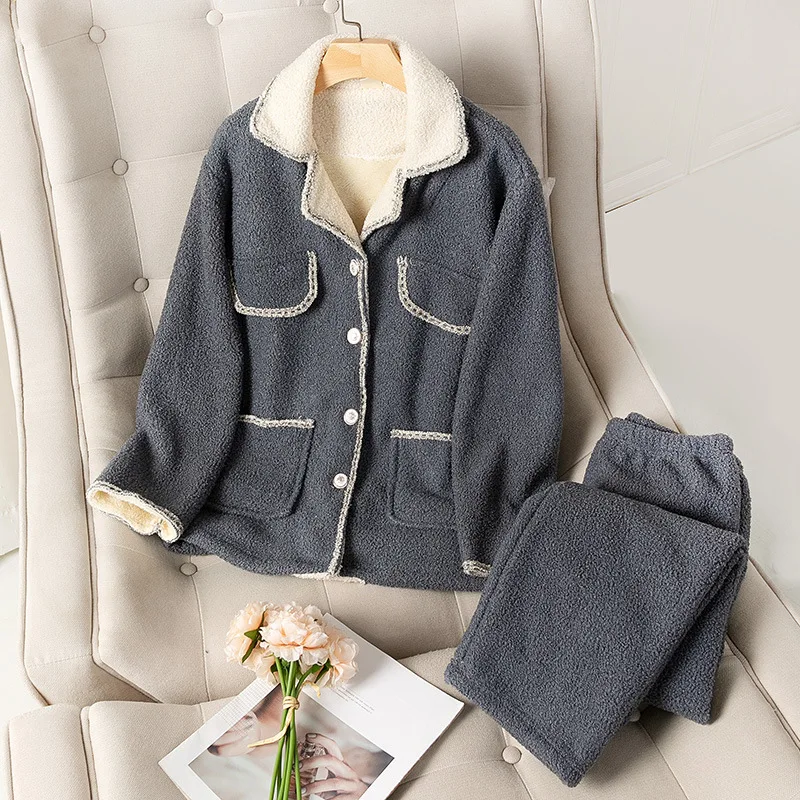 Winter Thick Coral Fleece Outer Wear Warm Suit Homewear Small Fragrance Style Women's Pajamas V-neck Solid Color