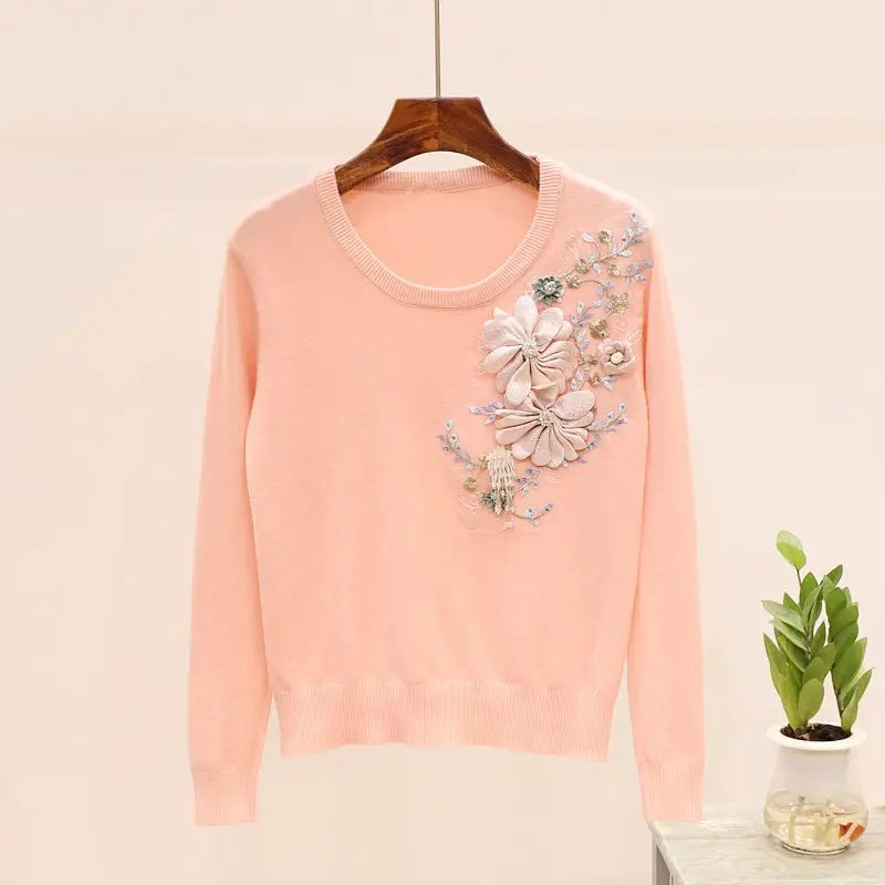 Новый женский повседневный костюм с вышивкой вязаный 3D пуловер в цветочек и