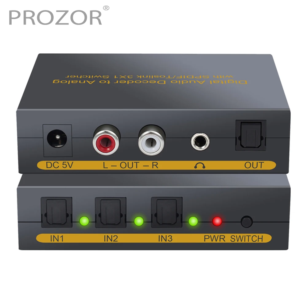 

Prozor 3 порта оптический SPDIF Toslink для L/R RCA 3,5 мм стерео аудио с оптическим переключателем цифровой в аналоговый аудио адаптер декодера
