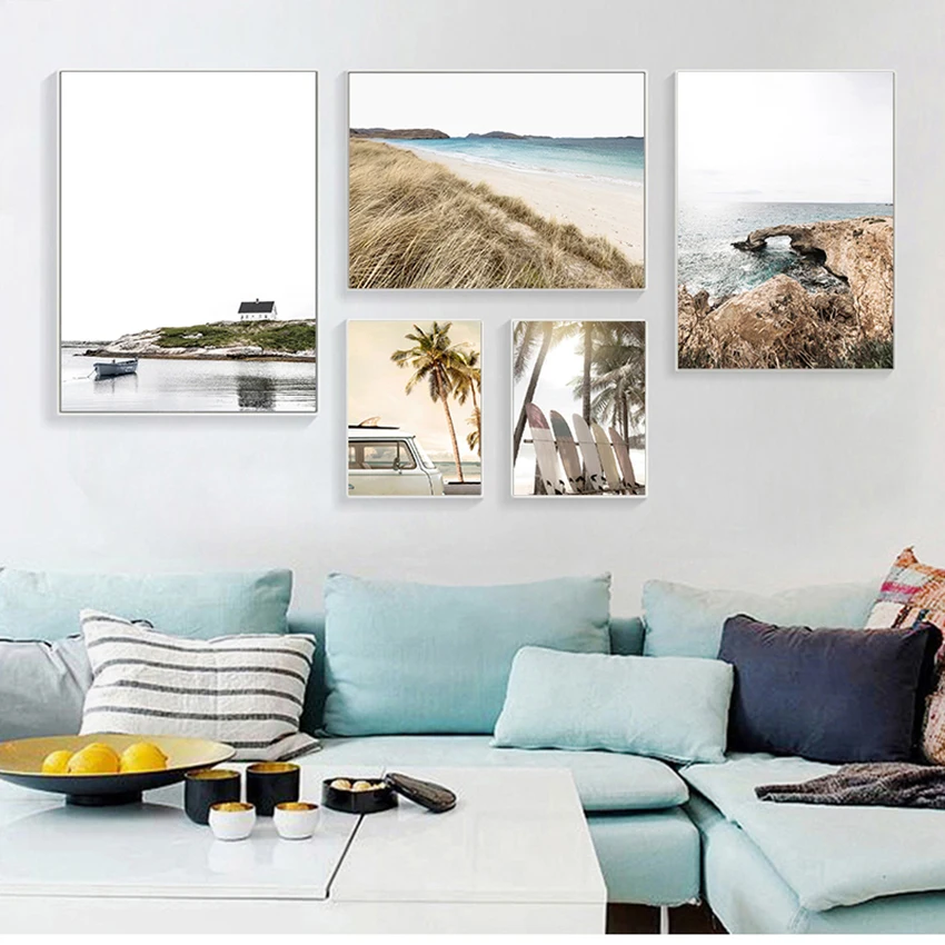 

Art Painting Seascape Picture Wall Decoration Tropical Summer Sea Beach Travel Print Sunset Coconut Surfboard Car Canvas