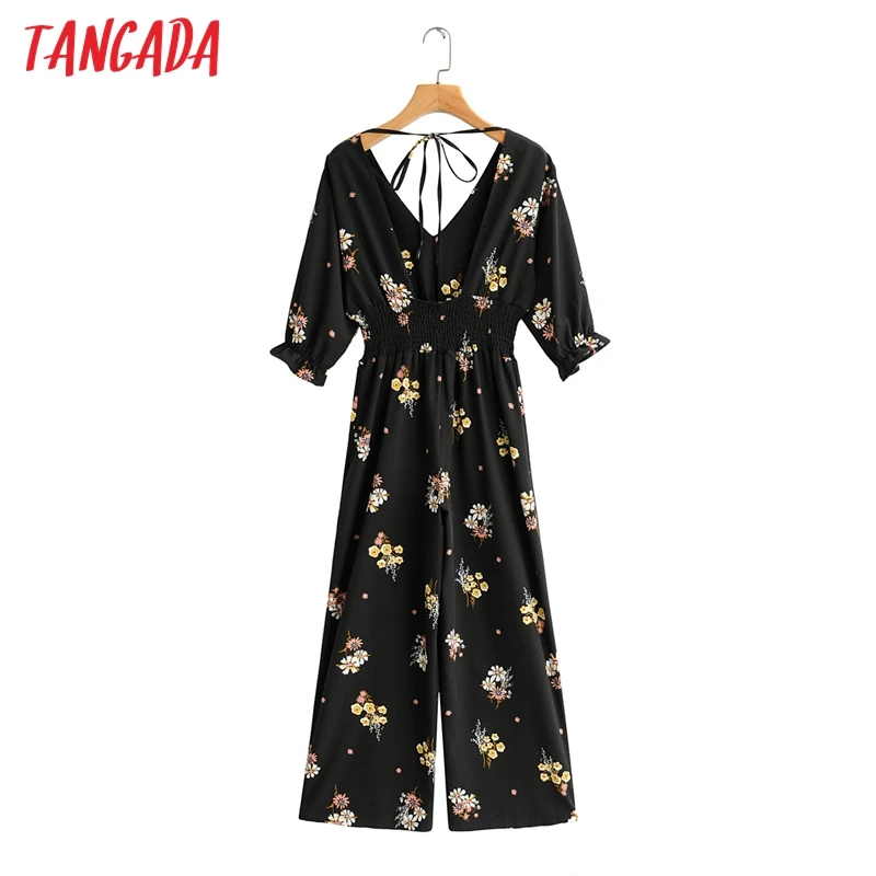 

Tangada Women Flowers Print Long Jumpsuit Long Sleeve V Neck Female Casual Jumpsuit 1F69
