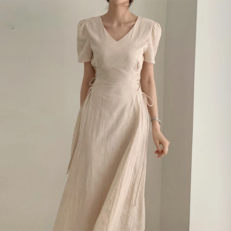 

Женские платья, летнее бежевое платье до середины икры, элегантная одежда с кулиской и V-образным вырезом, модная Корейская одежда с коротки...