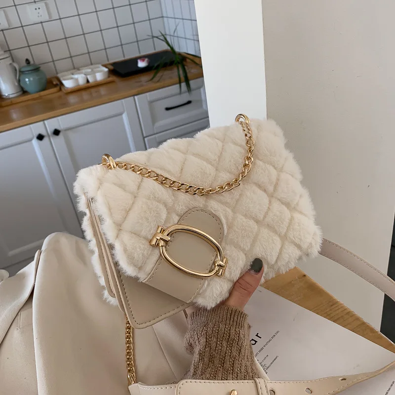 

Winter Plush Messenger Bag Lingge Women's Bag 2021 New Fashion Chain One Shoulder Travel Wallet Women's Shopping Handbag Sac