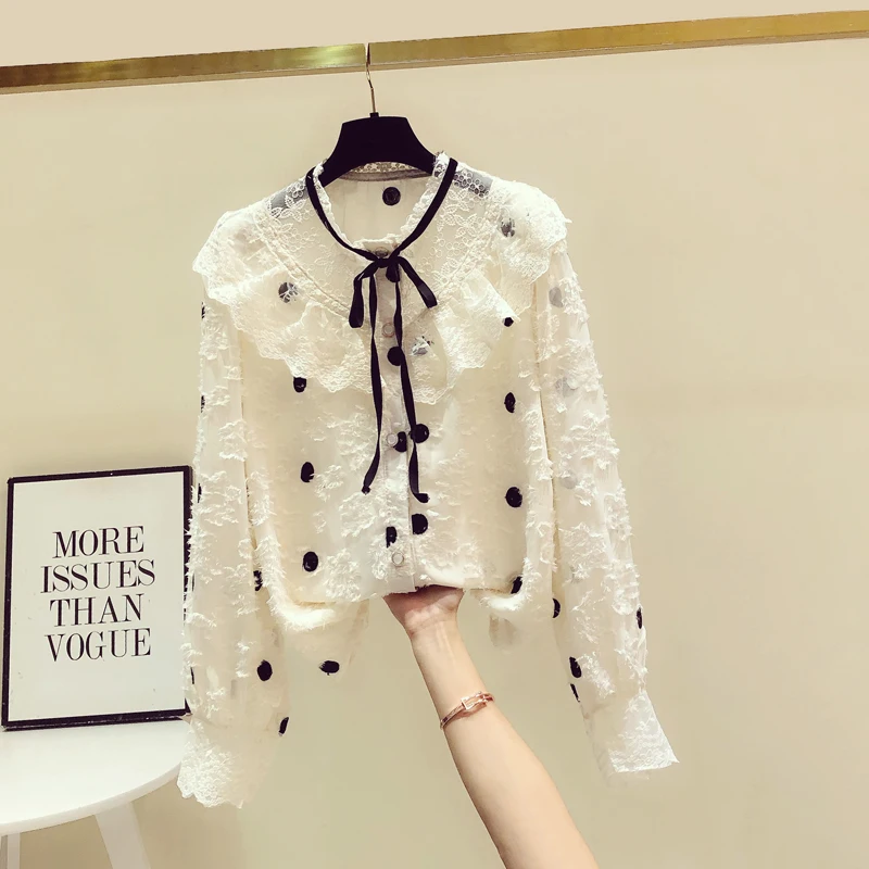 Женская шифоновая блузка в горошек элегантная повседневная с бантом и оборками |