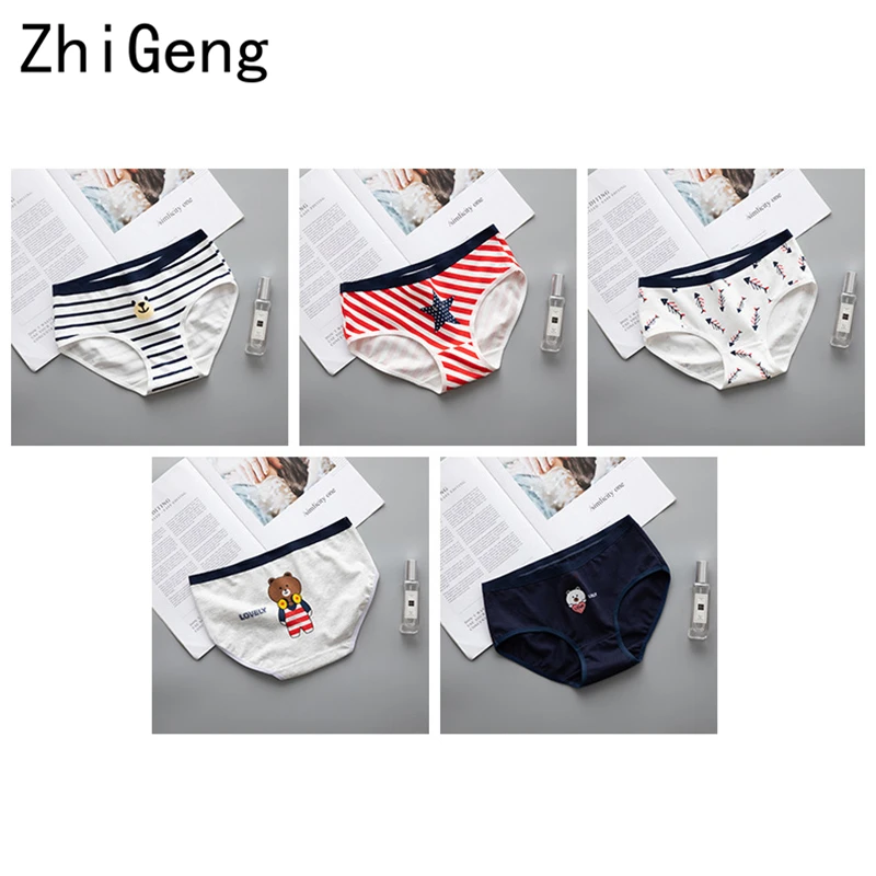 

6pcs Female Panties Cotton Waist Comfortable Breathable Ladies Briefs Cotton Cute Cartoon Striped Girl Cotton Underwear Women's