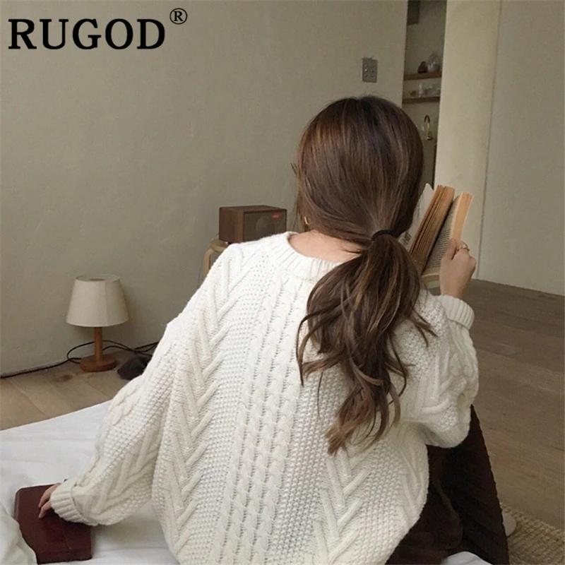 RUGOD Korean sweater women Elegant round collar twisted loose winter warm pullover female Casual solid knitted oversized | Женская