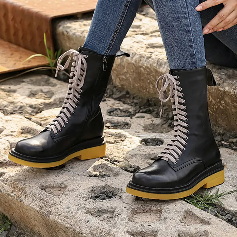 

Thick Heels Women Ankle Boots Genuine Leather Office Lady Casual Cross-Tied Zip Shoes Woman Autumn Winter ladies boots