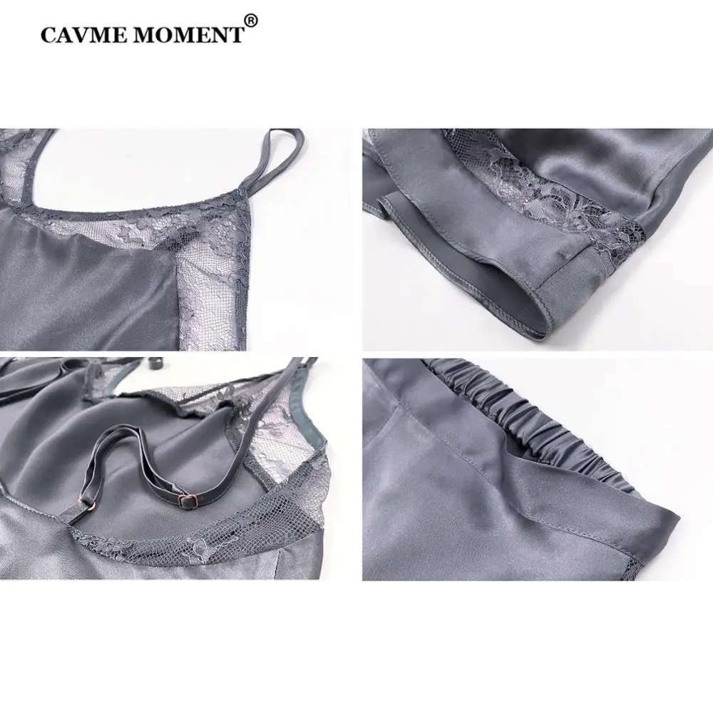 

CAVME Lace Pajama Sets Silk Spaghetti Strap Shorts Sleepwear 2 Pieces Nightwear Solid Color Pyama Sets for Women