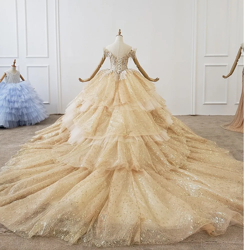 Tulle Mariage Gold Ball Gowns Wedding Dresses 2020 Sexy V Neck Off Shoulder Lace Up Beaded Corset Real Photos Puffy Bridal | Свадьбы и