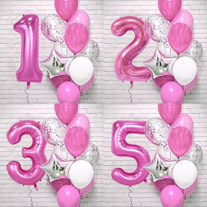 

Children's Birthday Party Decoration 12Pcs Pink Number Aluminum Foil Latex Balloons 1 Year Old Birthday Girl Decoration Balloons