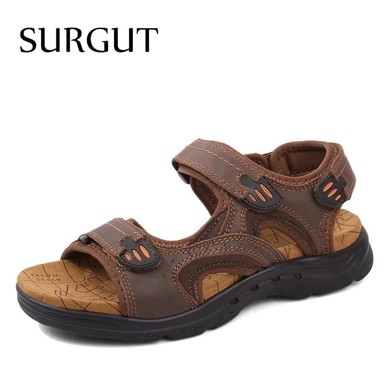 Мужские сандалии с застежкой на липучке SURGUT темно коричневые дышащие тапочки из