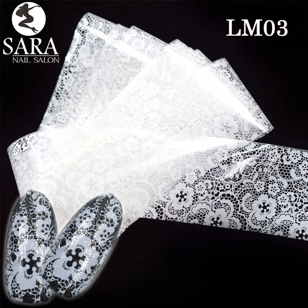 10 шт., 20x4 см, белая кружевная Фольга для ногтей, набор, смешанный цветочный дизайн, переводные наклейки для дизайна ногтей, переводные наклейки, полностью клейкие кончики, SALM01-10