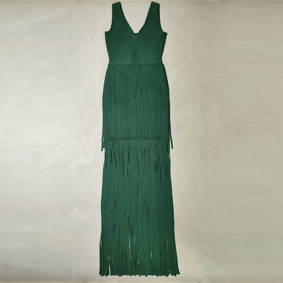 

High Quality Elegant Fringed Bodycon Bandage Dress Vestidos Sexy V-neck Sleeveless Green Club Evening Party Dress 2021 Spring