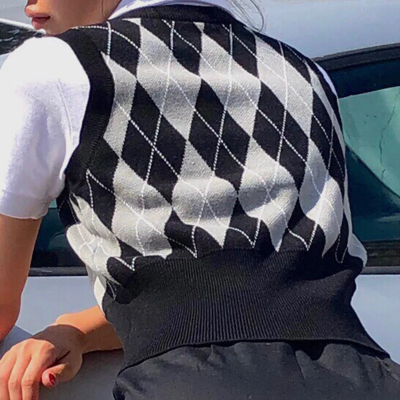 

Vintage Y2K Crop Top Argyle Sweater Vest V Neck Sleeveless Tank Jumper Preppy Style Plaid Knitted Pullover Autumn Winter Clothes