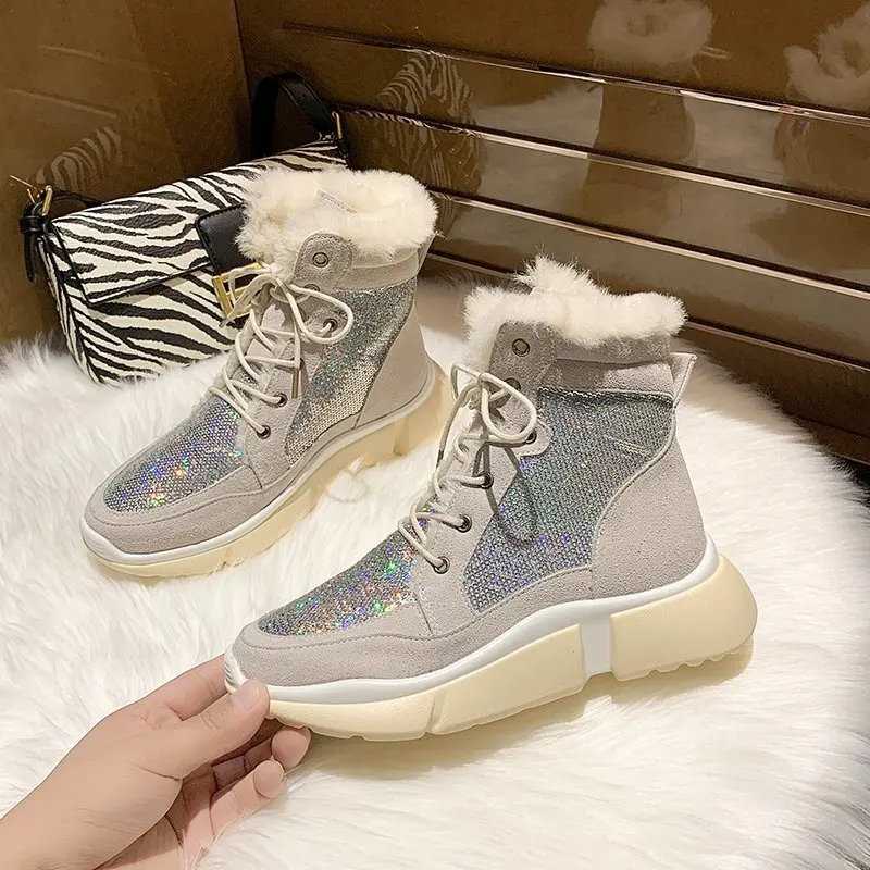 

Luxury Winter Boots For Women 2021 New Fashion Glitter Bling Fur Boots Women Sneakers Silver Black Snow Boots Female Designer