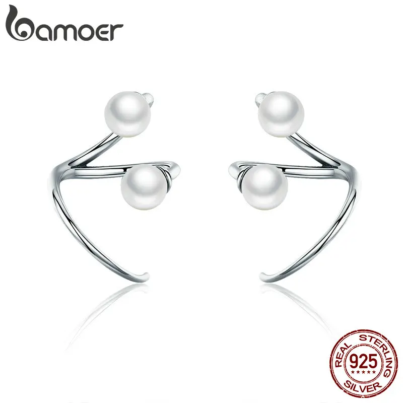 BAMOER 925 пробы серебряные серьги Элегантные серьги-гвоздики с искусственным жемчугом для женщин серебряные ювелирные изделия SCE306