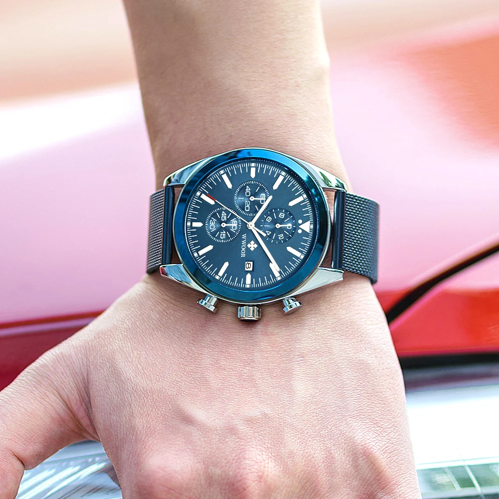 

2022 WWOOR Brand Luxury Blue Watch For Men Sport Quartz Chronograph Military Watch Men Steel Mesh Waterproof Clock Reloj Hombre