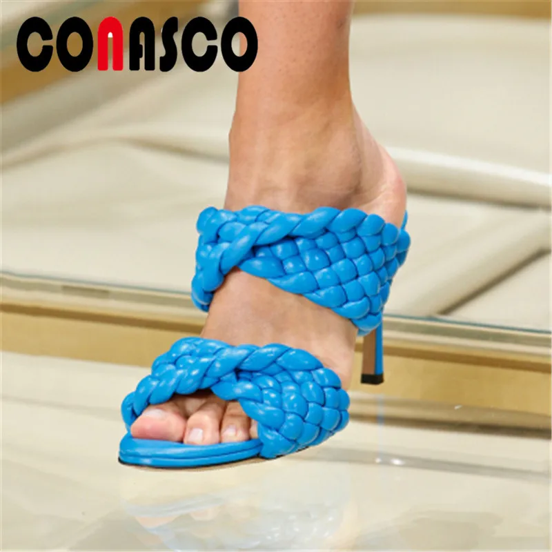 

CONASCO Summer 2021 New Fashion Sexy Women Sandals Rome Style Peep Toe Woven Slippers Pumps High Heels Casual Party Shoes Woman
