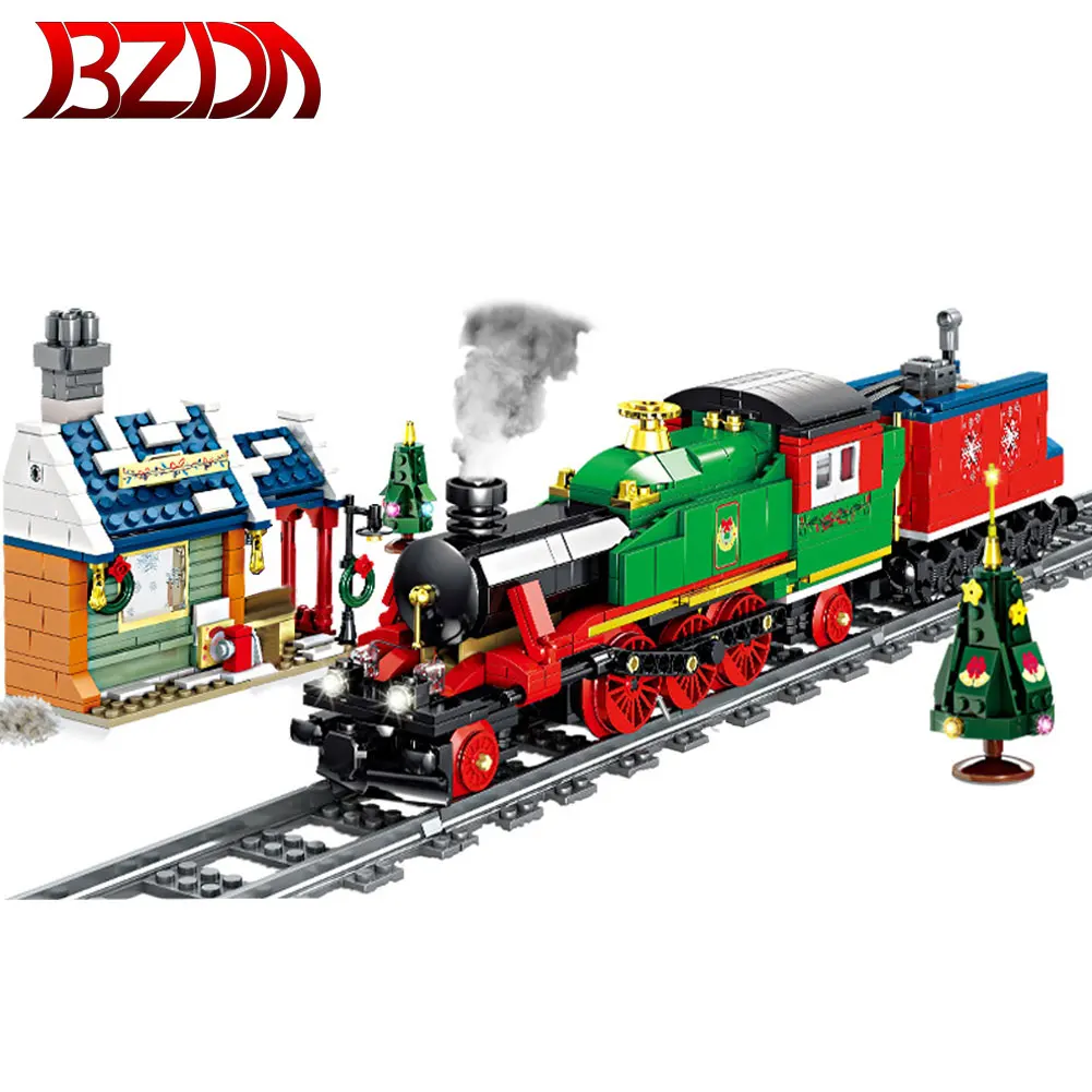 BZDA 913 PCS городской поезд зимний Рождество строительные блоки электрические дорожки кирпичи подарки для детей игрушки.