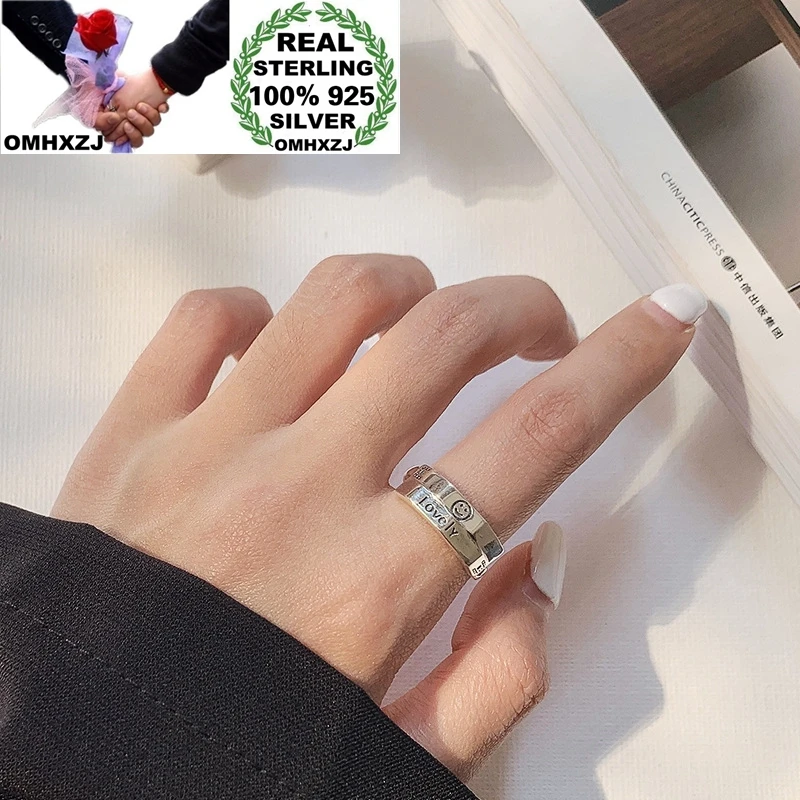 

OMHXZJ Wholesale HC31 European Fashion Fine Woman Birthday Party Gift Vintage Smile Face LOVE 100% 925 Sterling Silver Open Ring